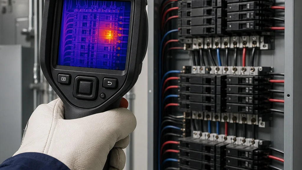 AI-generated illustration of a gloved technician using an infrared thermal camera to identify a hotspot in a commercial electrical panel.